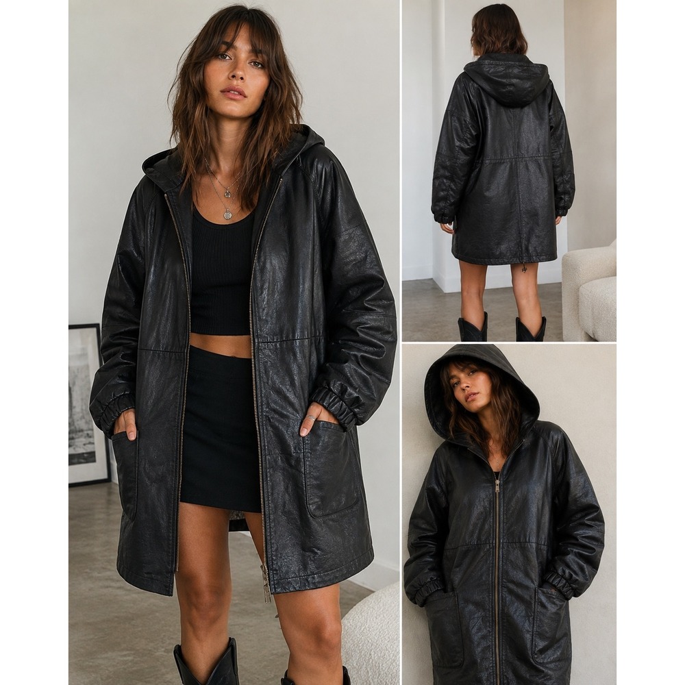 Venezia Vintage Black Leather Hooded Parka Jacket Womens Large 02-9438-9 Zip Up